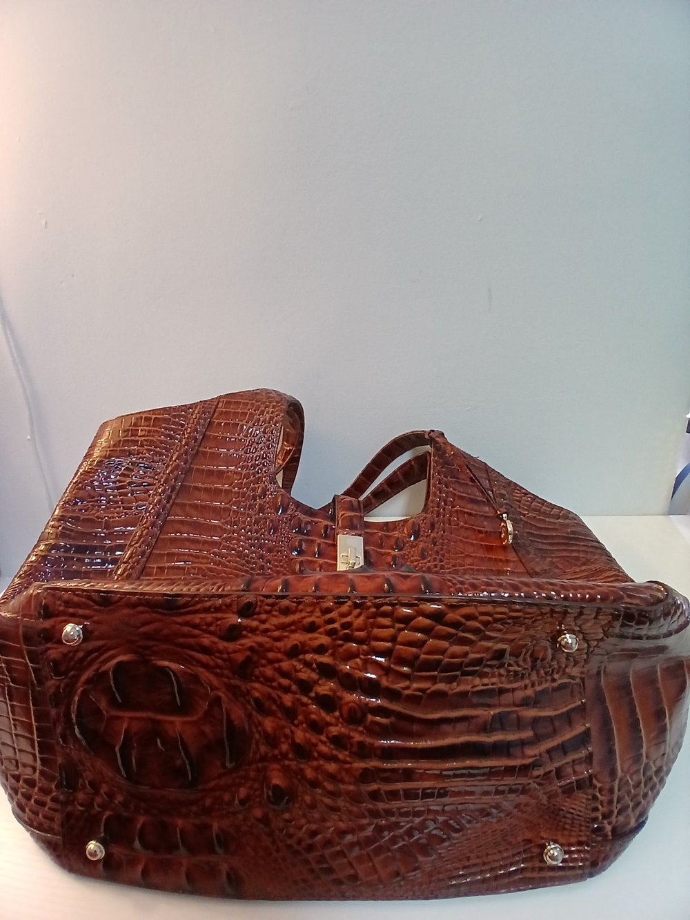BRAHMIN Leather Large Tote "ASHER" Croc Embossed LEATHER in PECAN BROWN - Picture 5 of 10